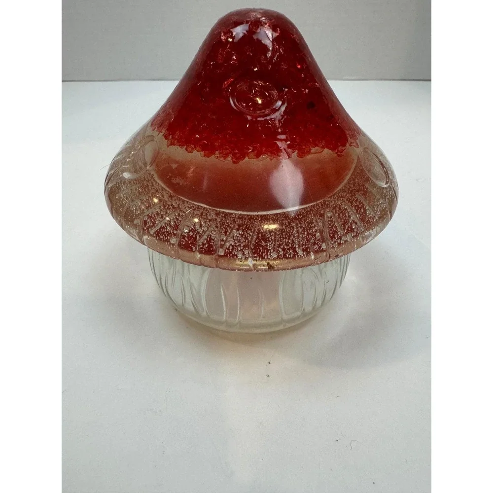 Vintage Red Lucite‎ Resin Mushroom Trinket Jar Clear Ribbed Base Whimsical
